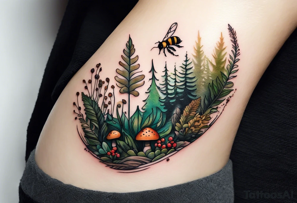 forest floor inspired minimalist tattoo, which includes grass, curly ferns, moss and dead leaves as the bulk of the tattoo. details to include: forest berries, a tiny bumblebee flying nearby, three small brown mushrooms
Generate a vertically long one tattoo idea