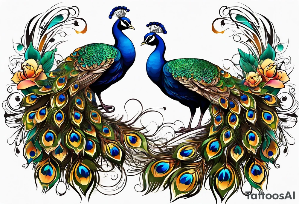 Peacock. Music. Bird or paradise flowers. tattoo idea