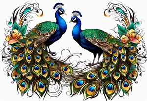 Peacock. Music. Bird or paradise flowers. tattoo idea