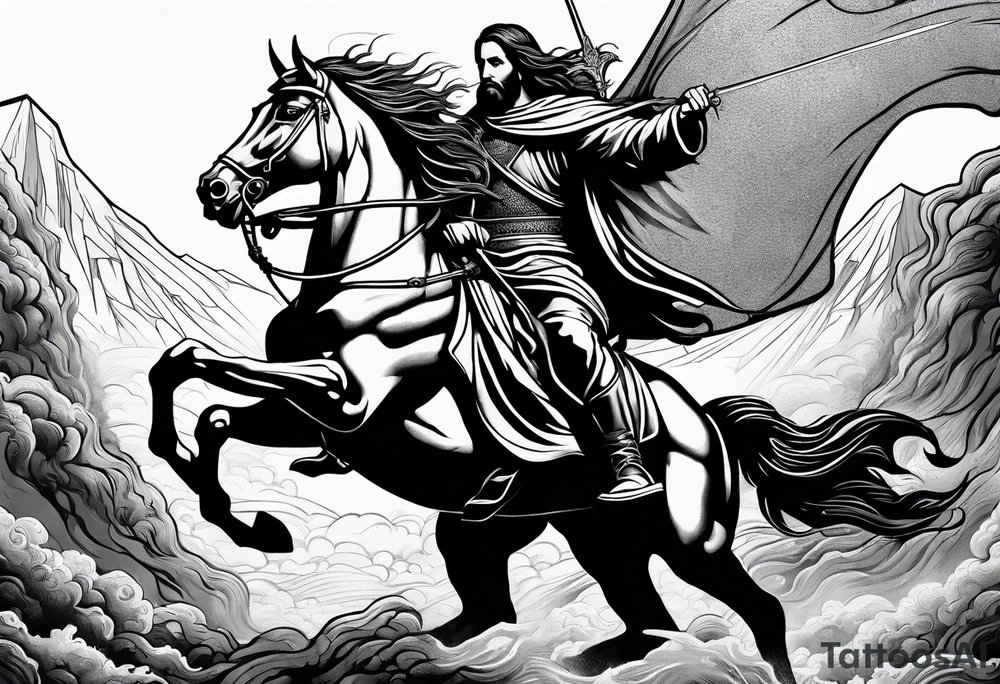 Jesus slaying a dragon with a sword while riding a horse tattoo idea
