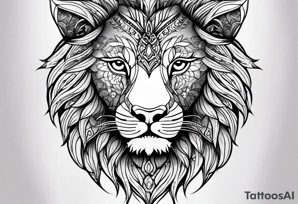 Half lion face half ornate mandala tattoo idea