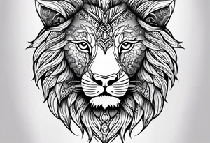 Half lion face half ornate mandala tattoo idea