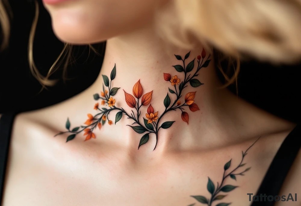 Two separate collarbone tattoos of long, stems and branches covered with red, orange, yellow and dark forest green leaves and flowers, academia, witchy, muted, delicate and gentle but moody, long and thin, following the collarbone. More muted, not so bright, darker colors. Fewer amount of leaves, larger leaves tattoo idea