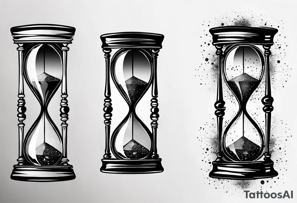 Hourglass, cosmic dust exploding from the top and bottom of the hourglass. Long tattoo to fit on the forearm, masculine, minimalist tattoo idea