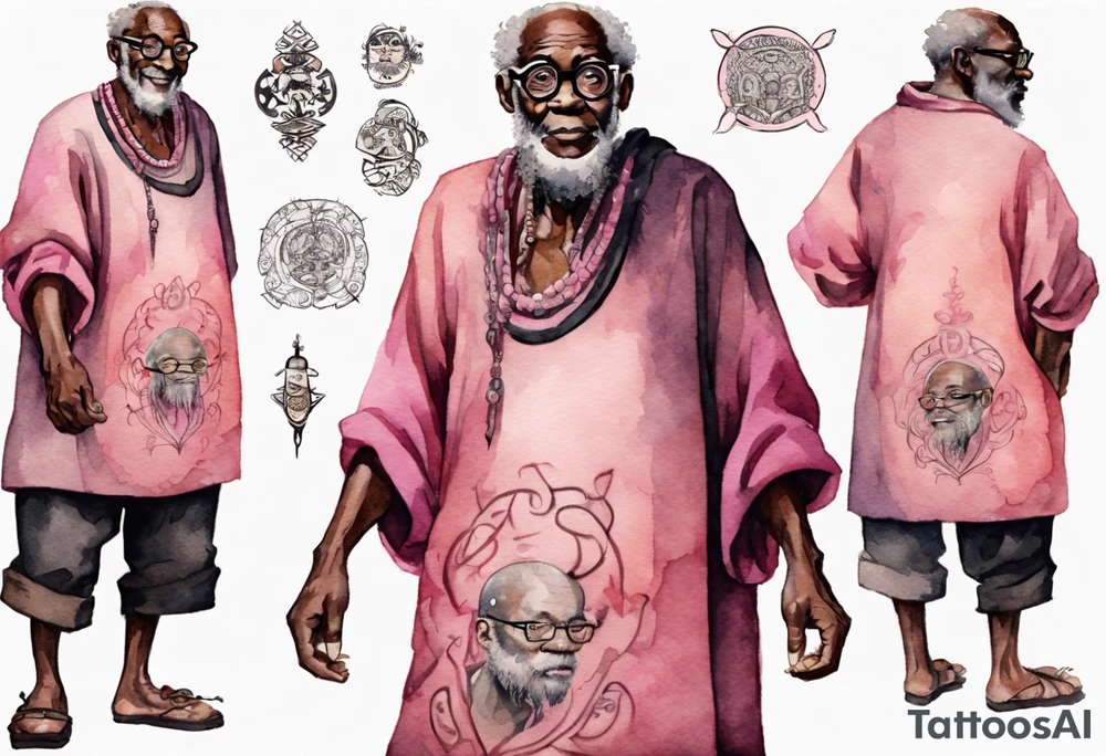 an old medieval black man wearing round glasses, wearing a pink and black tunic, wearing mukluks tattoo idea