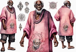 an old medieval black man wearing round glasses, wearing a pink and black tunic, wearing mukluks tattoo idea