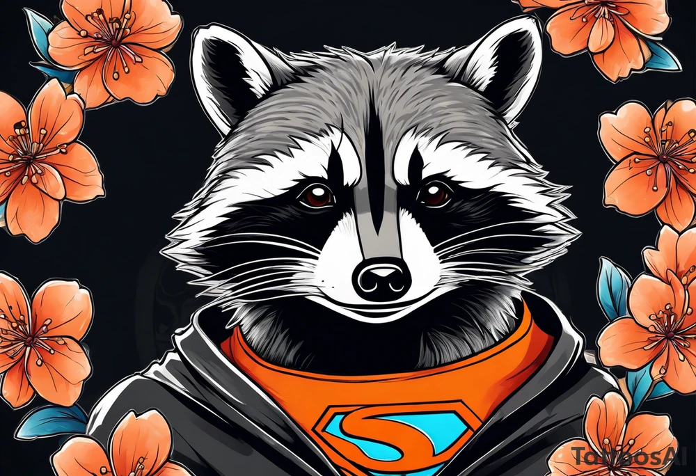 Raccoon wearing a white Superman logo on a black hoodie and orange Japanese cherry blossoms tattoo idea