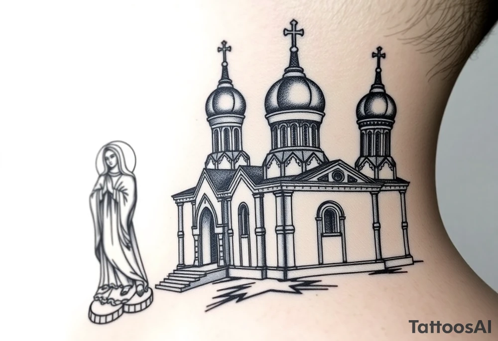 medium sized Russian orthodox church with bulb domes with a prominent russian orthodox style virgin mary stood outside to the left tattoo idea