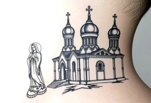 medium sized Russian orthodox church with bulb domes with a prominent russian orthodox style virgin mary stood outside to the left tattoo idea
