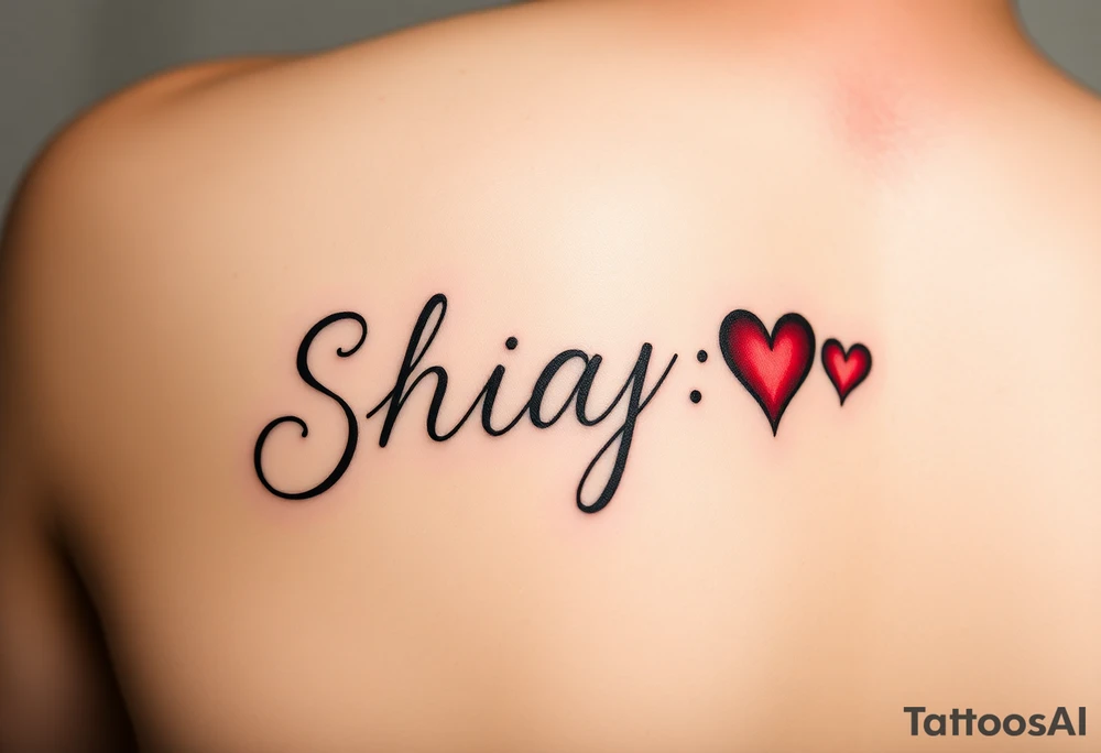 Shayne written with red hearts simple yet beautiful on left side on my shoulder tattoo idea