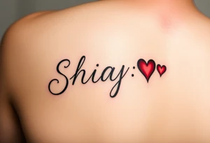 Shayne written with red hearts simple yet beautiful on left side on my shoulder tattoo idea