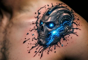 A shattered robotic mask revealing human skin underneath, glowing in dark gunmetal, electric blue, and black shadows. tattoo idea