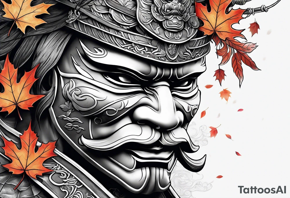 samurai mask with autumn leaves and smoke tattoo idea