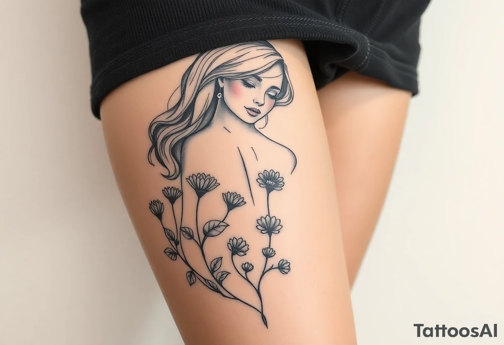 Full thigh tattoo with a sexy girl and plants tattoo idea
