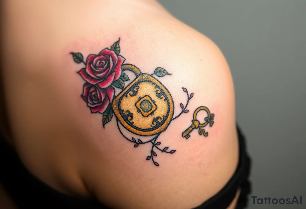 A rose-covered golden lock with a floral-shaped key lying nearby, with vines wrapping gently around them tattoo idea