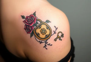 A rose-covered golden lock with a floral-shaped key lying nearby, with vines wrapping gently around them tattoo idea