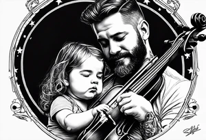 Si hay ángeles si hay violines, si hay estrellas baby ahi estaré. Tattoo of father holding his daughter. (RIP) Daddy loved music tattoo idea