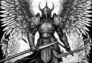 A twelve winged angel in full armour with overly large sword

Powerful demon commander faces a powerful angel commander in the centre of the tattoo idea