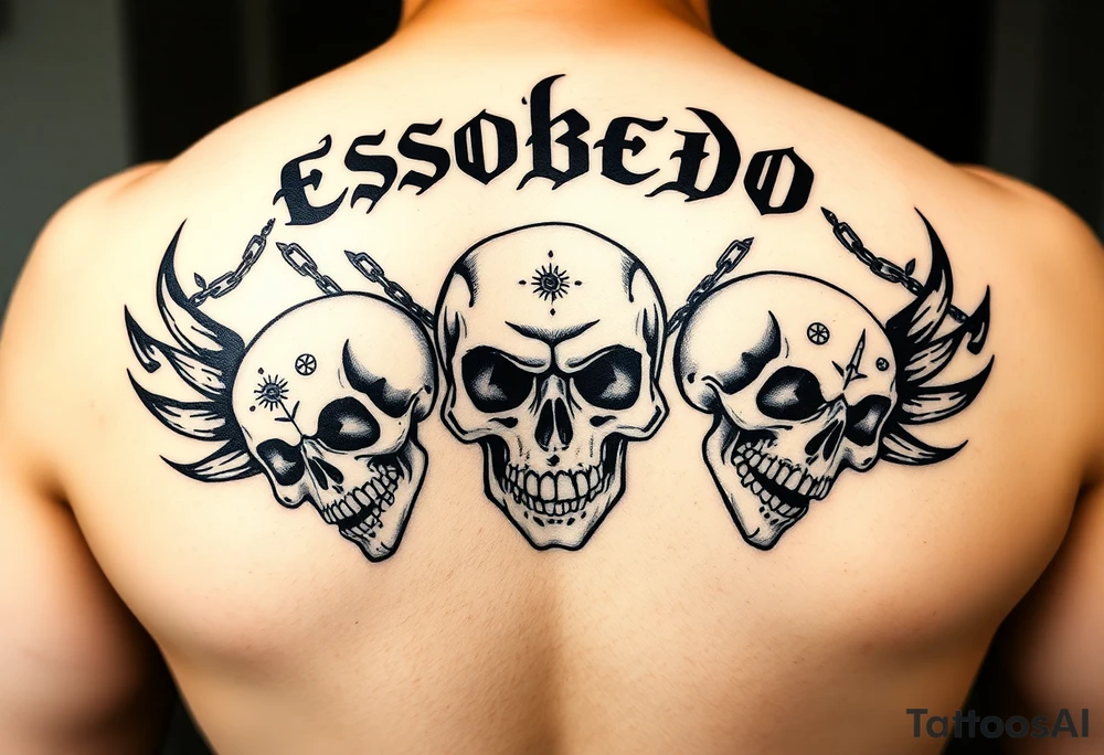 Upper back tattoo in stark emo-punk linework. ‘Escobedo’ carved bold and clean across the shoulders. Black flame arcs rise behind it like wings—sharp, negative space-driven. Between the flames, loose chains drape with motion. Three skulls: cracked on the left, snarling in the center, screaming on the right. Each skull etched with fine Aztec-inspired marks—sunbursts, dots, and sacred lines. No color. No shading. Just fire, bone, and steel inked in symmetry. tattoo idea