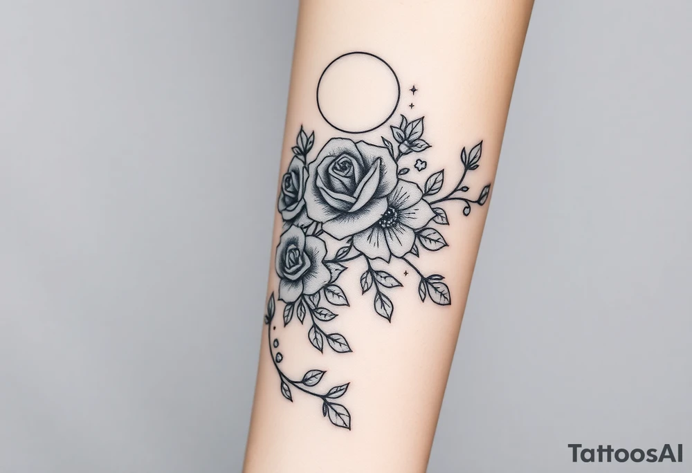 Roses wild flower vines with moon and stars mountains wrap around arm forest tattoo idea