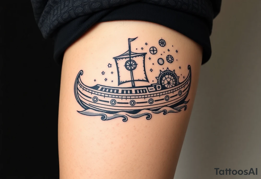 Nordic boat with cosmic sky and celestial details tattoo idea