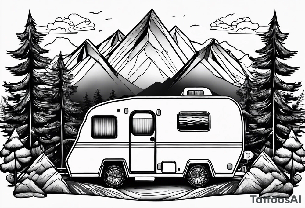 geometric mountains with an rv trailer
and trees tattoo idea