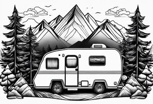 geometric mountains with an rv trailer 
and trees tattoo idea