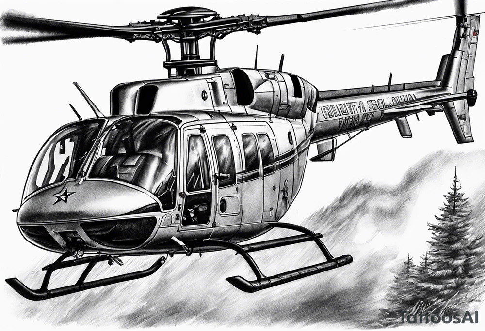 a bell 407 helicopter with the name "T. Sousa" on it, fighting a fire, with the pilot wearing night vision goggles. tattoo idea