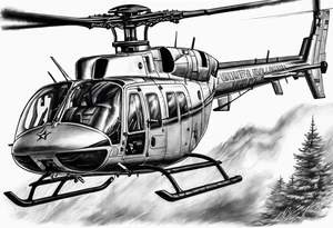 a bell 407 helicopter with the name "T. Sousa" on it, fighting a fire, with the pilot wearing night vision goggles. tattoo idea