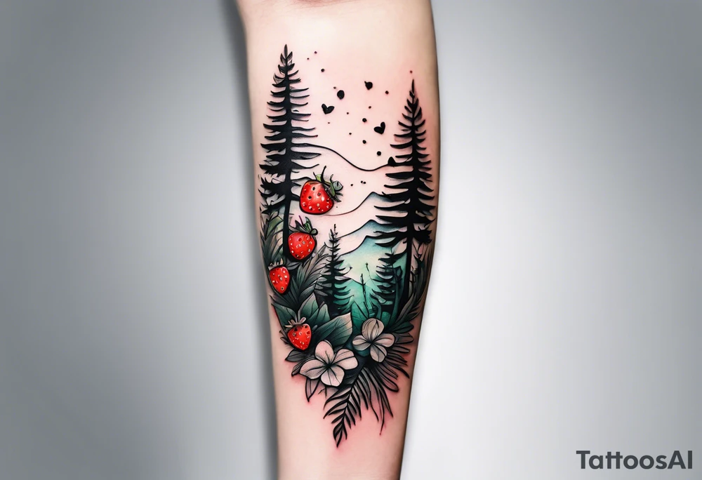 forest floor inspired minimalist tattoo, which includes grass, curly ferns and dead leaves as the bulk of the tattoo. details to include: three very tiny strawberries, a tiny bumblebee flying nearby, three small brown mushrooms
Generate a vertically long one tattoo idea