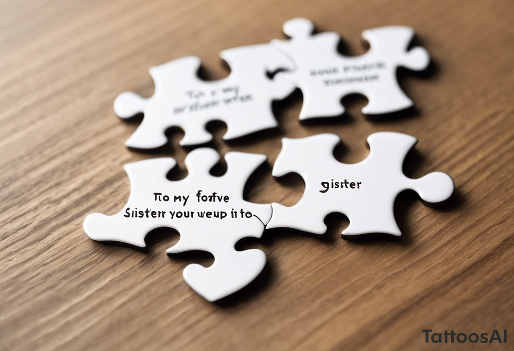 Interlocking Puzzle Pieces
   Concept: Two outlined puzzle pieces that are interlocking or fit together perfectly, symbolizing how you and your sister were connected. One of the puzzle pieces could have the small, filled-in heart inside it.
   Text: “To my favorite sister” could be placed underneath or along the curve of your ankle, maintaining your sister’s handwriting. You could position the text so it wraps slightly around the interlocking pieces. tattoo idea