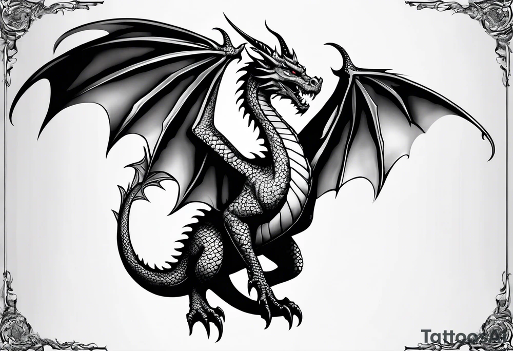 Realistic Medieval dragon climbing showing back tattoo idea