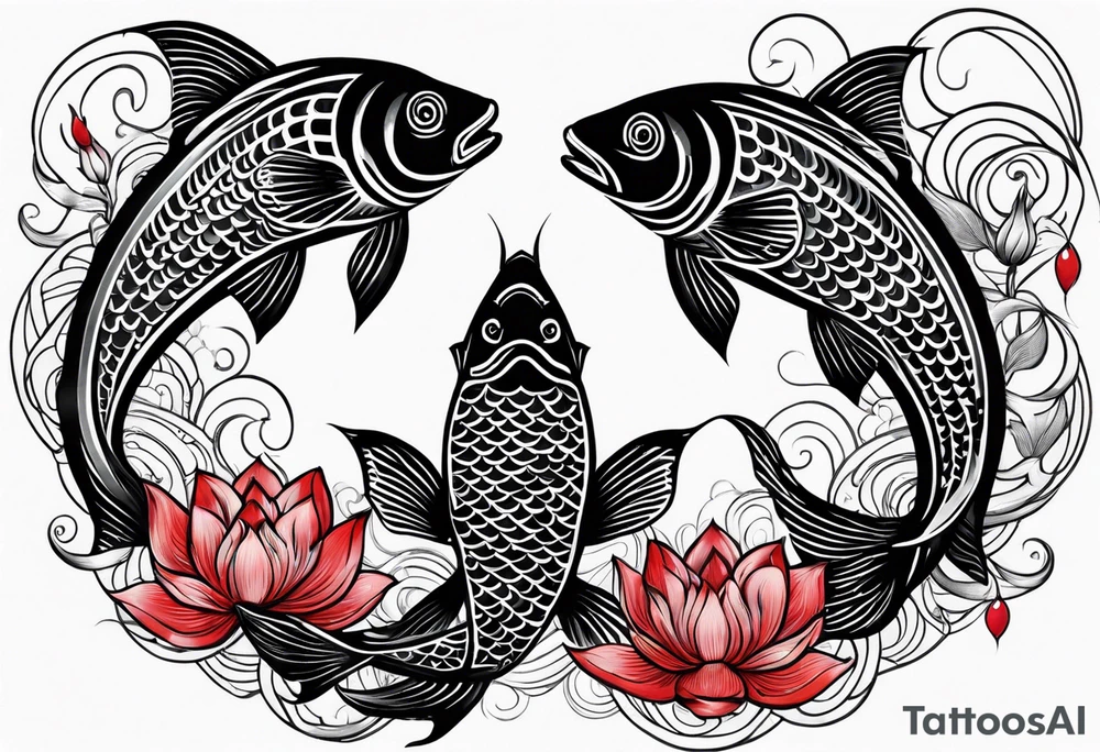 twin coi fish one red one black with waves and lotus flowers tattoo idea