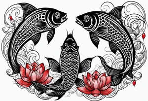 twin coi fish one red one black with waves and lotus flowers tattoo idea