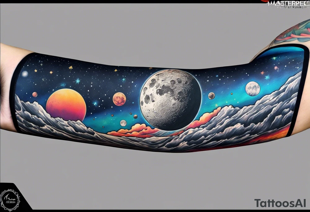 man on the moon space theme arm sleeve tattoo idea