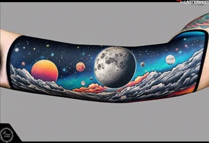man on the moon space theme arm sleeve tattoo idea
