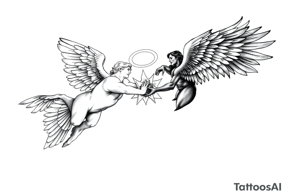 white angel and black angel flying at each other, fighting over a halo tattoo idea