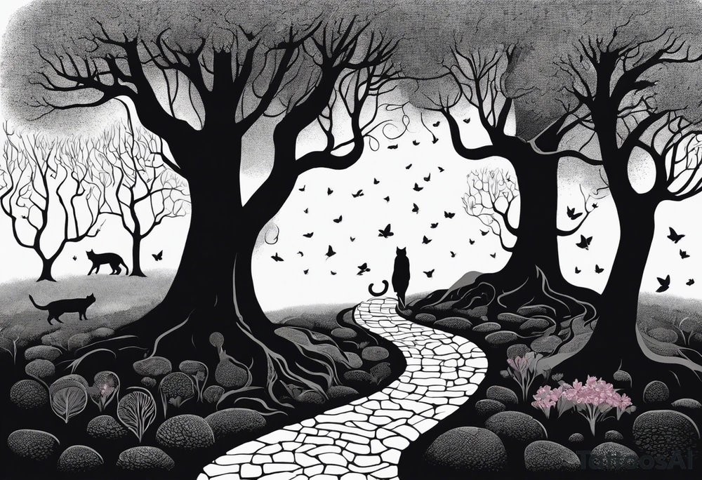 A winding uneven stone path, either side is mystical looking flora and tree roots, the path ends in a bundle of treee roots that turn into a galaxy. walking the path is a black sillouette of a man in a suit with a cat walking next to him, spread out randomly along the design are three other cat silhouettes hiding in the borders. at the very end of the path is a black silhouette of a woman in a dress holding an umbrella facing to her left. tattoo idea