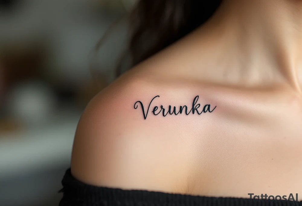 Verunka name encircled by a light teal dreamcatcher, with tiny feathers. tattoo idea