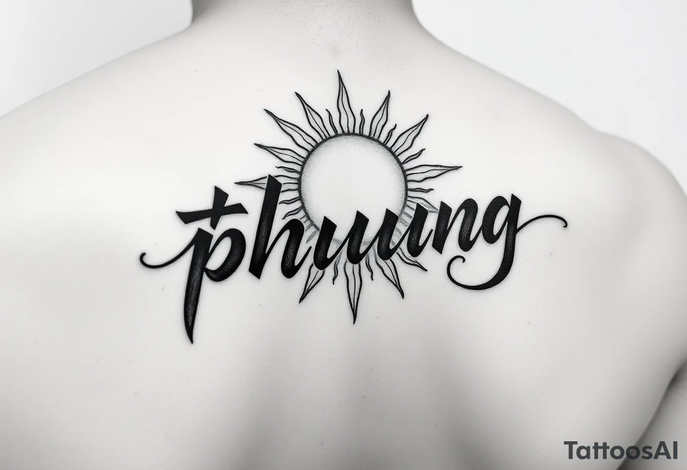 Word "phuong" written with sun inner arm tattoo idea