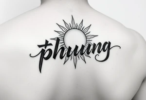 Word "phuong" written with sun inner arm tattoo idea