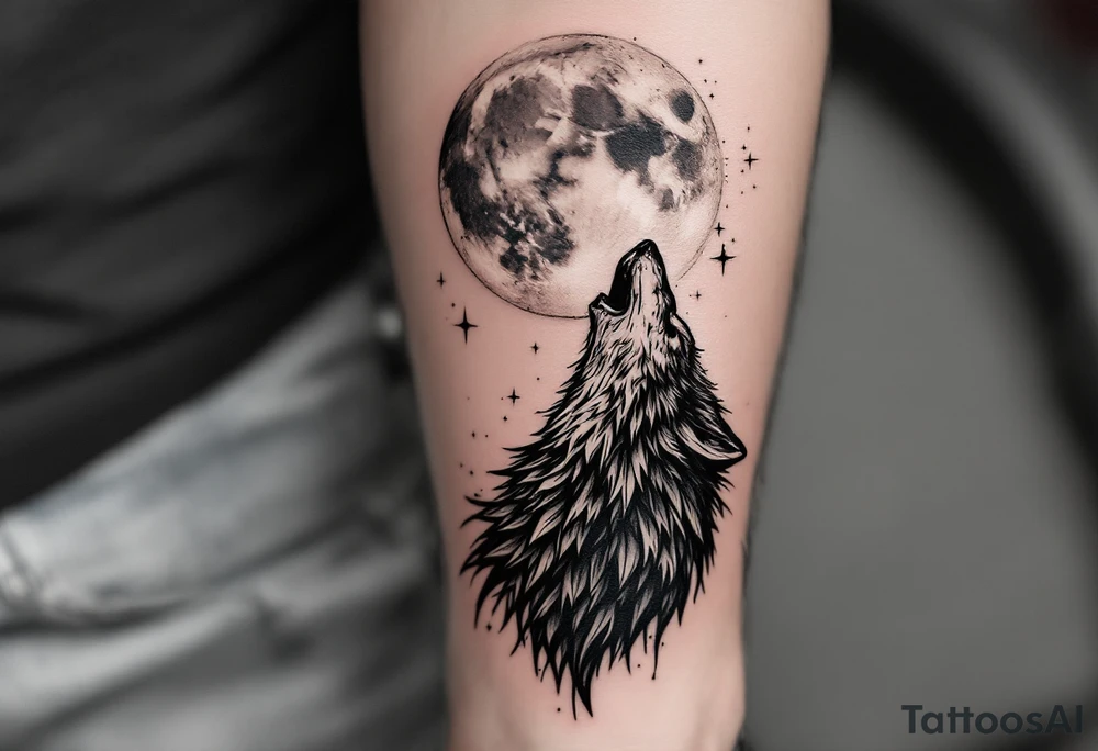 Realistic wolf howling at the moon tattoo idea