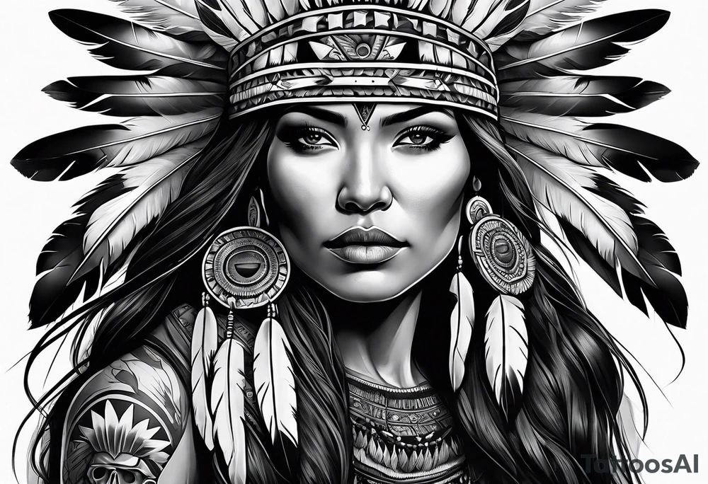 Native American woman chief with skulls tattoo idea