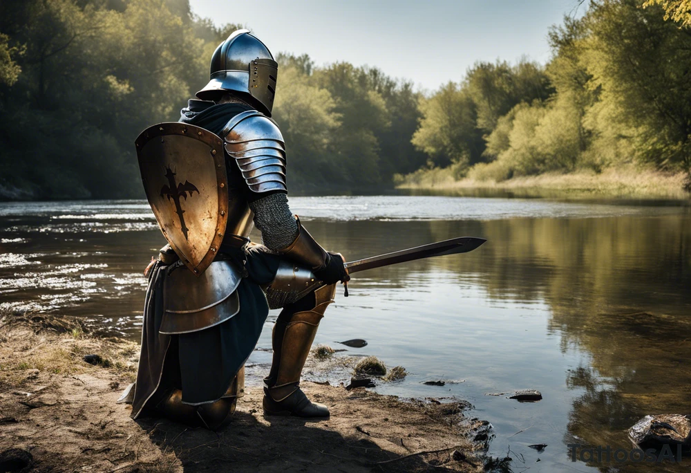 A knight in full armor, severely damaged, is kneeling at the edge of a calm river. His helmet is raised, revealing a face marked by fatigue, sweat, and dirt. His armor bears the traces of a fierce battle: scratches, dents, and dried blood stains. He holds his sword, embedded in the ground, and a battle-scarred shield rests beside him. The knight gazes at the water, finding a moment of respite in the tranquility of the surrounding landscape. tattoo idea