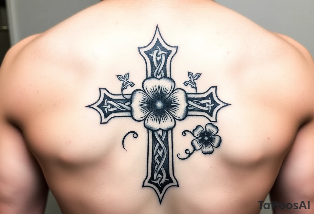 a celtic cross with irish inspired details and a four leaf clover adding other celtic elements surrounding the cross tattoo idea