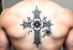 a celtic cross with irish inspired details and a four leaf clover adding other celtic elements surrounding the cross tattoo idea