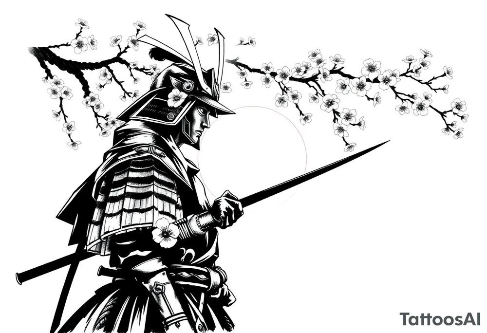 noble samurai warrior silhouette at sunset with cherry blossoms tattoo idea