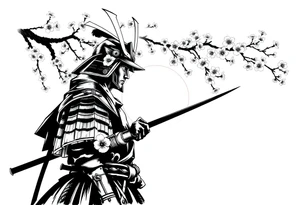 noble samurai warrior silhouette at sunset with cherry blossoms tattoo idea