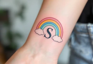 A pastel rainbow with letter "S" with soft cloud outlines. tattoo idea