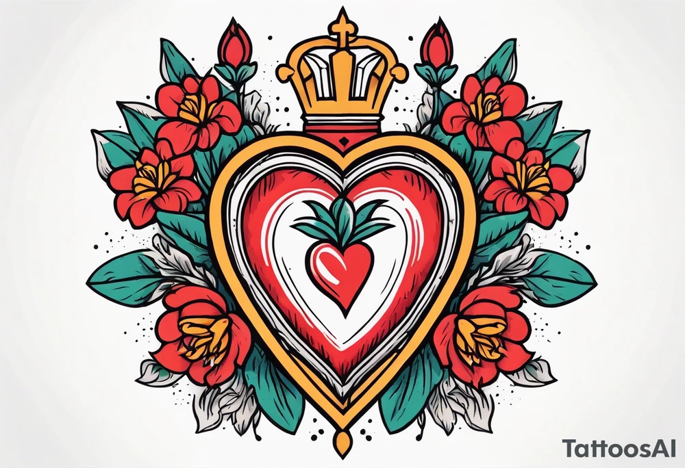 sacred heart traditonal vintage tattoo colorful with flowers tattoo idea